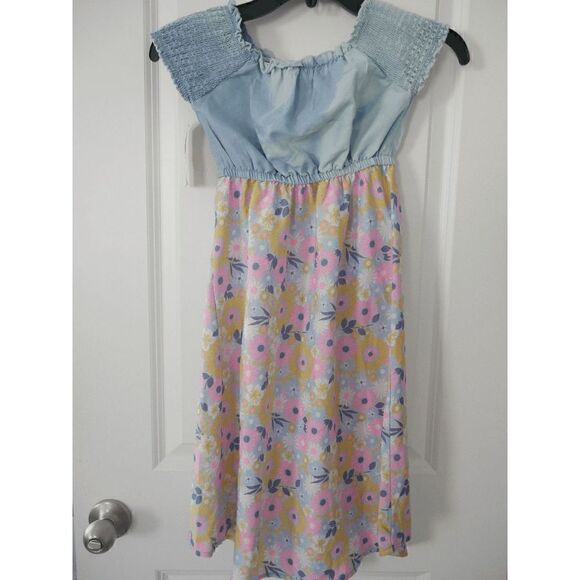 Girls' Lilac & Medium Blue Floral Denim Smocked Puff-Sleeve Maxi Dress 5/6 #1786 - Picture 3 of 6
